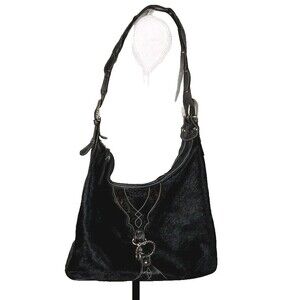 AMERICAN WEST Hand-Tooled Leather Calf Hair Shoulder Bag Black Slouchy Hobo